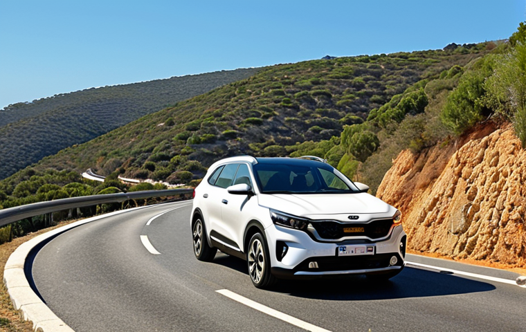**
Prompt: Kia Seltos driving on a winding Portuguese highway, sunny day, showcasing fuel efficiency, scenic Algarve backdrop, representing long journeys and diesel advantages.
**