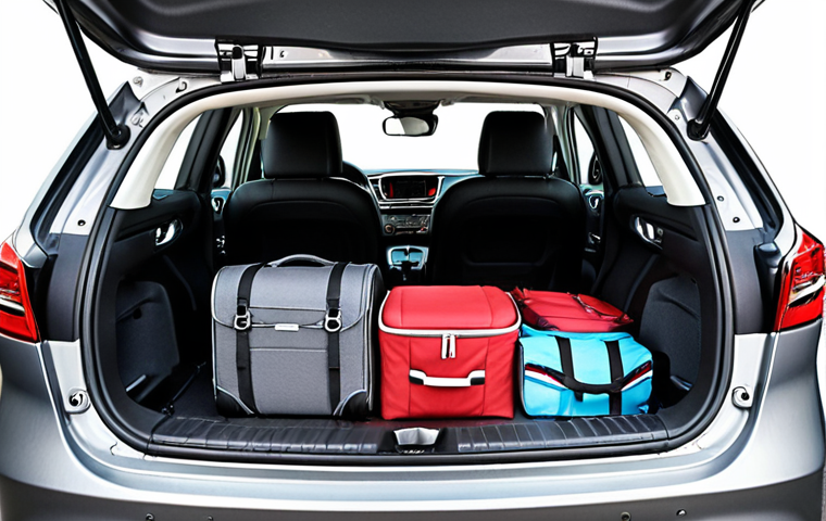 **
A spacious and well-organized Kia Ceed SW trunk, packed with luggage for a family vacation. Visible are luggage pieces neatly arranged, utilizing hooks and nets to secure items. Include adjustable dividers to optimize space. The overall impression is one of efficiency and thoughtful design. Focus on the details that showcase the smart trunk features.
**