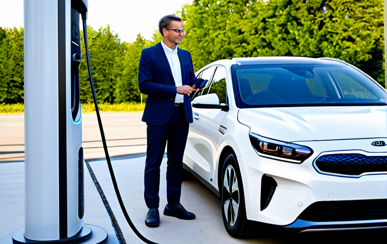 A professional adult standing calmly next to a sleek Kia EV6 electric vehicle, parked at a futuristic high-power DC fast-charging station. The person, fully clothed in appropriate, professional attire, is gently connecting a CCS Combo 2 cable to the car. The environment is a modern, well-lit charging hub with other electric vehicles in the background, reflecting efficiency and clean energy. Dynamic lighting, professional photography, high detail, realistic, perfect anatomy, correct proportions, natural pose, well-formed hands, proper finger count, natural body proportions, safe for work, appropriate content, fully clothed, professional.