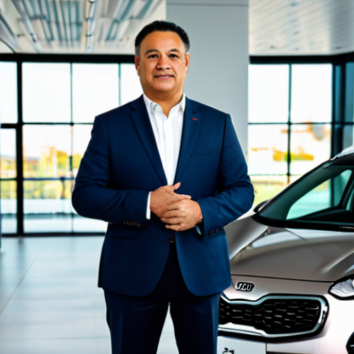 Home 22 A professional Brazilian man in a dark, modest business suit, fully clothed, appropriate attire, stands confidently next to a sleek, new Kia Sportage in a modern urban showroom. The car's futuristic design and bold lines are prominently displayed, hinting at its advanced hybrid technology. Perfect anatomy, correct proportions, natural pose, well-formed hands, proper finger count, natural body proportions, professional photography, high quality, safe for work, appropriate content, family-friendly.