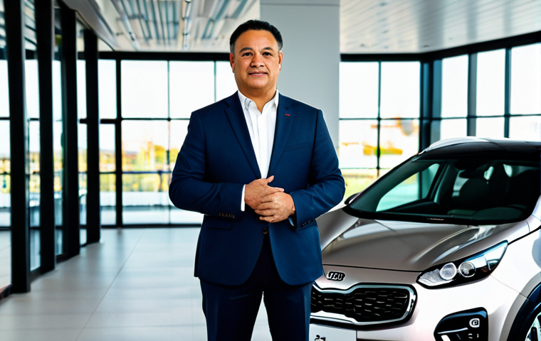 A professional Brazilian man in a dark, modest business suit, fully clothed, appropriate attire, stands confidently next to a sleek, new Kia Sportage in a modern urban showroom. The car's futuristic design and bold lines are prominently displayed, hinting at its advanced hybrid technology. Perfect anatomy, correct proportions, natural pose, well-formed hands, proper finger count, natural body proportions, professional photography, high quality, safe for work, appropriate content, family-friendly.
