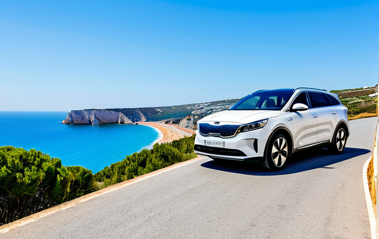 **

"Kia EV9 parked on a scenic overlook near the Algarve coast, fully clothed family admiring the view, modest attire, clear blue sky, safe for work, perfect anatomy, natural proportions, professional automotive photography, appropriate content, family-friendly."

**