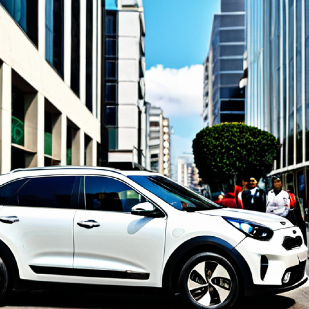 Urban Efficiency**

"Kia Niro Hybrid in a bustling São Paulo street, showcasing its modern design amidst city traffic. Focus on the car's sleek lines and fuel-efficient technology. Fully clothed pedestrians in professional attire walk by. Background includes shops and modern architecture. Safe for work, appropriate content, family-friendly, perfect anatomy, correct proportions, professional photograph, high quality, fully clothed."

**