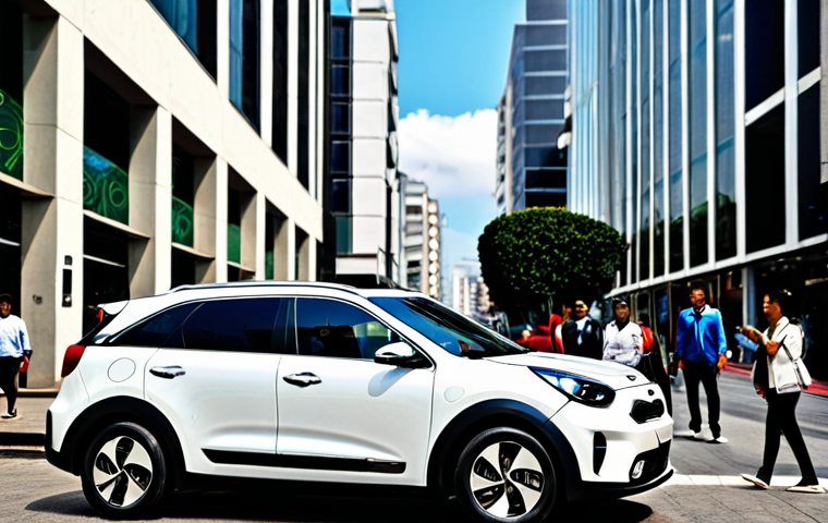 Urban Efficiency**

"Kia Niro Hybrid in a bustling São Paulo street, showcasing its modern design amidst city traffic. Focus on the car's sleek lines and fuel-efficient technology. Fully clothed pedestrians in professional attire walk by. Background includes shops and modern architecture. Safe for work, appropriate content, family-friendly, perfect anatomy, correct proportions, professional photograph, high quality, fully clothed."

**