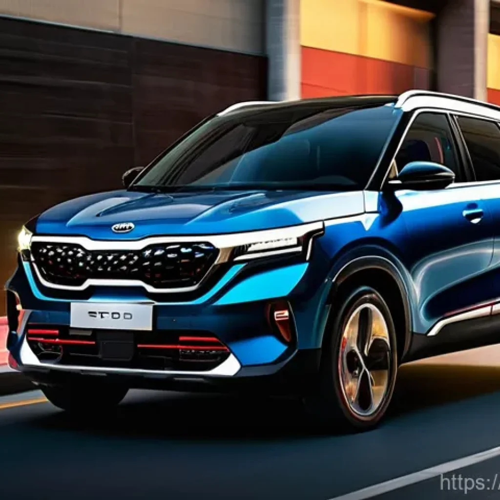 기아 셀토스 페이스리프트 예상 - **Prompt 1: Illuminated Urban Elegance**
A sleek, dark metallic 2025 Kia Seltos SUV, with its re...