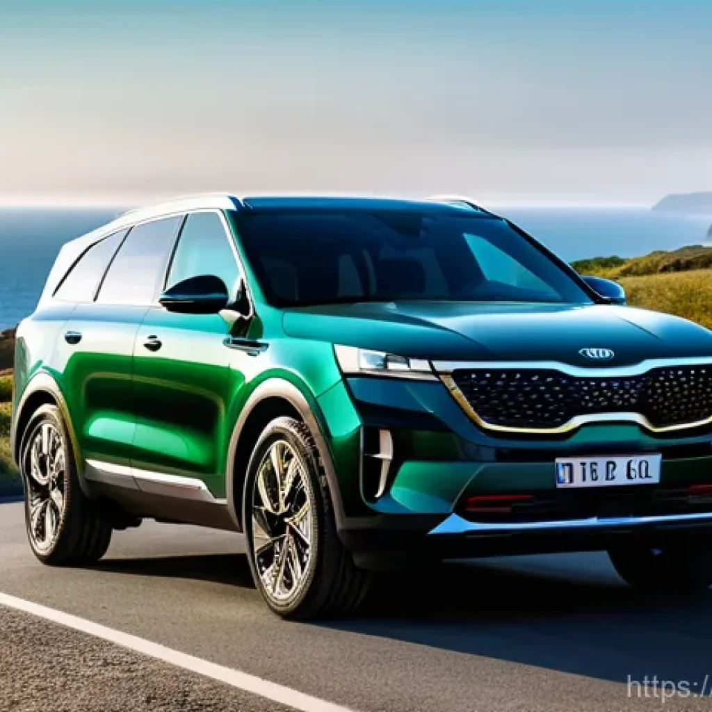 기아 EV9 트림별 사양 - **Prompt:** "A majestic Kia EV9 GT-Line in a deep forest green, parked at a scenic viewpoint overloo...