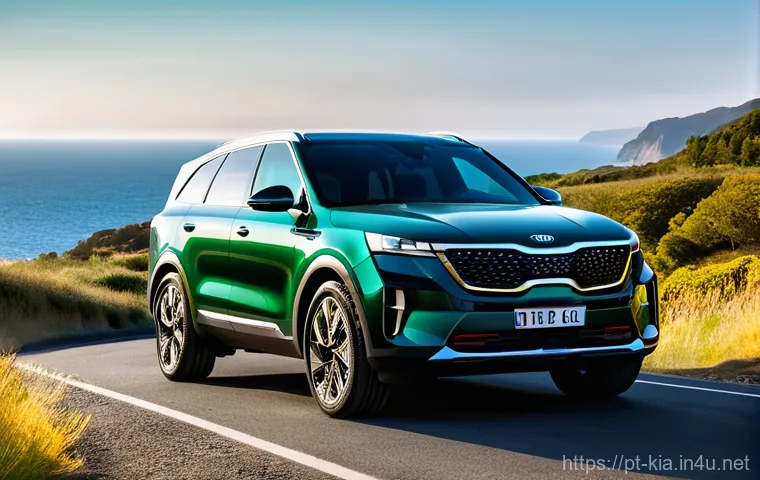 기아 EV9 트림별 사양 - **Prompt:** "A majestic Kia EV9 GT-Line in a deep forest green, parked at a scenic viewpoint overloo...