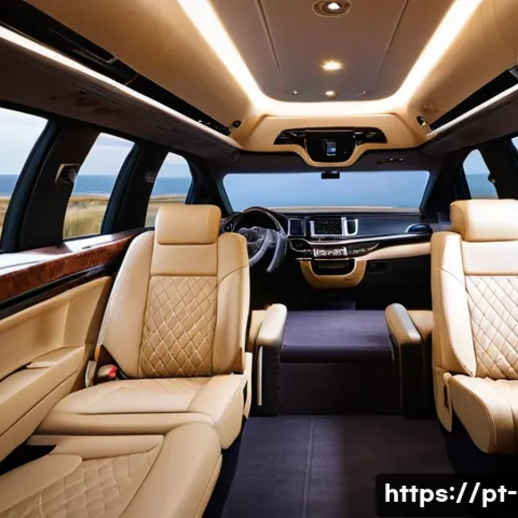 기아 카니발 리무진 내부 옵션 - **Prompt:** A luxurious and spacious interior of a Kia Carnival Limousine, viewed from the third row...