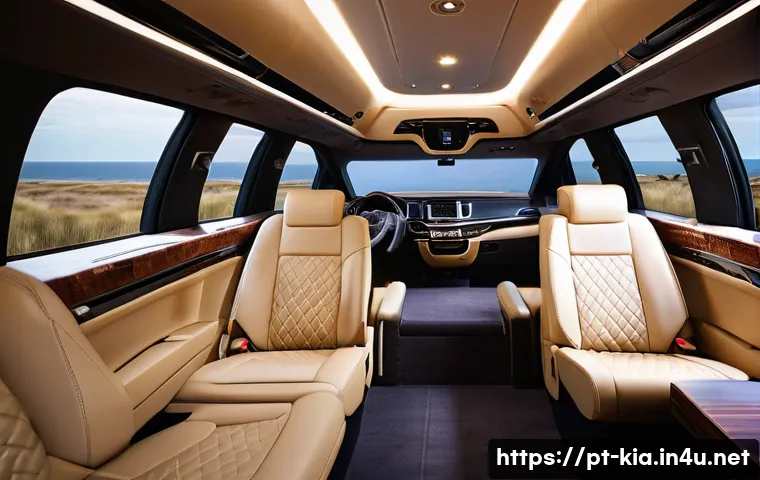 기아 카니발 리무진 내부 옵션 - **Prompt:** A luxurious and spacious interior of a Kia Carnival Limousine, viewed from the third row...