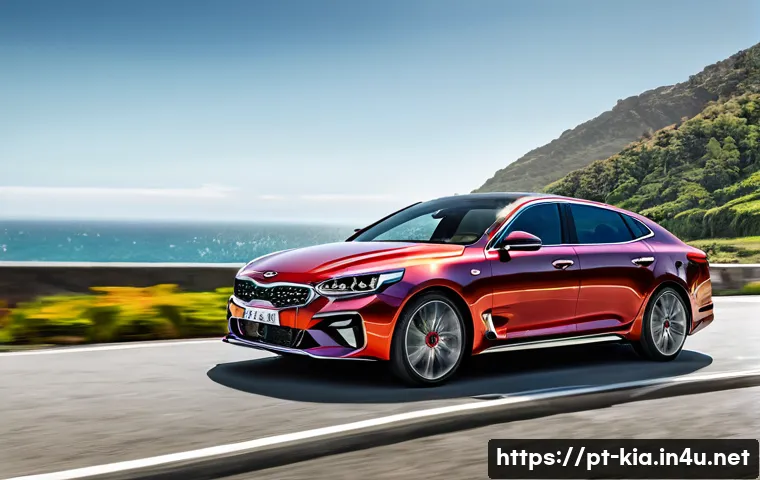 기아 K5 GT 모델 시승기 - **Prompt for Exterior Design:**
    "A stunning wide-angle shot of the Kia K5 GT, parked elegantly o...