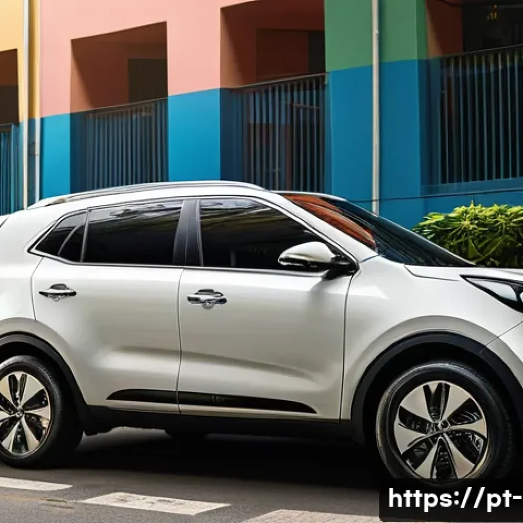 기아 하이브리드 차량 보조금 - A sleek Kia hybrid SUV parked on a vibrant Brazilian city street during daytime, surrounded by moder...