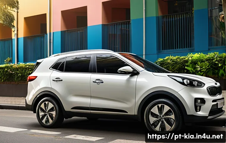 기아 하이브리드 차량 보조금 - A sleek Kia hybrid SUV parked on a vibrant Brazilian city street during daytime, surrounded by moder...