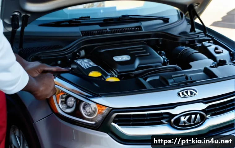 기아 차량 엔진 관리 팁 - A detailed close-up of a mechanic’s hands wearing gloves, carefully changing the engine oil in a Kia...