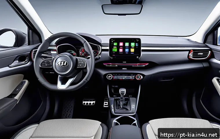 기아 모닝의 실내 편의 사양 - Interior view of a compact modern car showcasing the 2024 Kia Morning’s dashboard with sleek black g...