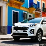 Home 18 기아 스포티지 리스와 구매 비교 - A modern, sleek Kia Sportage parked on a sunny Portuguese city street, surrounded by colorful buildi...