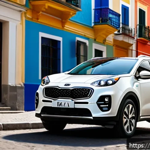 Home 30 기아 스포티지 리스와 구매 비교 - A modern, sleek Kia Sportage parked on a sunny Portuguese city street, surrounded by colorful buildi...