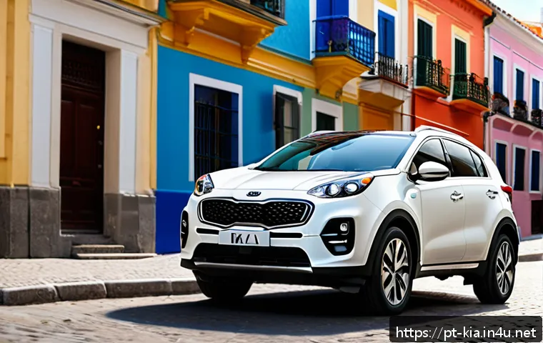 기아 스포티지 리스와 구매 비교 - A modern, sleek Kia Sportage parked on a sunny Portuguese city street, surrounded by colorful buildi...