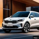 Home 23 기아 신차 사전 예약 프로모션 - A sleek, modern Kia SUV in a vibrant exclusive color, parked in a stylish urban setting during golde...