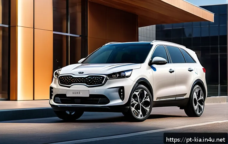 기아 신차 사전 예약 프로모션 - A sleek, modern Kia SUV in a vibrant exclusive color, parked in a stylish urban setting during golde...