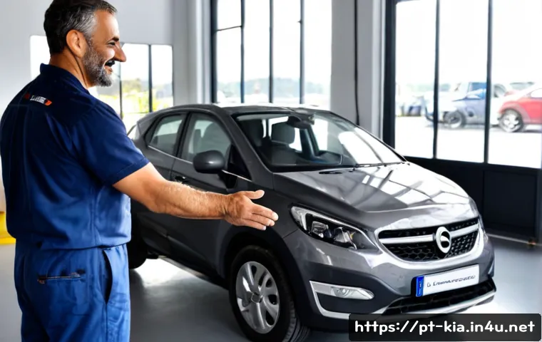 Home 17 기아 차량 AS 만족도 - Photorealistic modern automotive service center in Portugal, a satisfied middle-aged customer warmly...